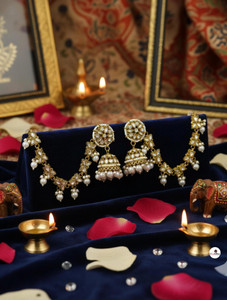 GetBling Gold-Plated Bahubali Jhumka Earrings with Side Chain | Cubic Zirconia, Pearl Alloy Jhumki Earring