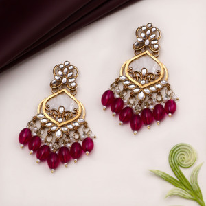 ILOZ Traditional Gold Plated maroon Pearl Kundan Earring Jumki For Women And Girls Beads Alloy Chandbali Earring