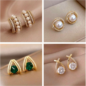 Tiso Pack of 4 Stylish Gold Stone Pearl Stud Earrings for Women Girls Light weight Crystal, Cubic Zirconia, Pearl Alloy, Brass, Stone Drops & Danglers, Earring Set, Hoop Earring, Rhinestone Studs, Stud Earring