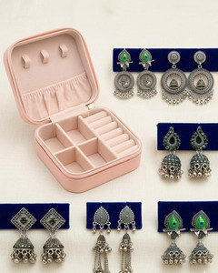 DVISH Silver Oxidized Earring (Pakc of 6) with Vanity Box Metal Jhumki Earring, Earring Set