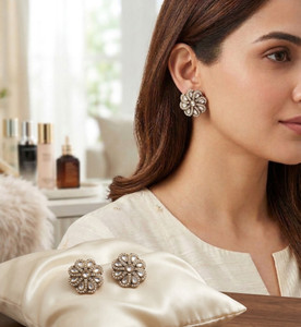 Pralekh enterprise Traditional Gold Plated Ethnic Kundan & Pearl Floral Stud Earrings for Women Zircon Brass Stud Earring