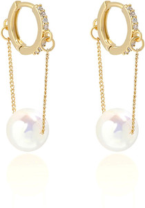 YELLOW CHIMES Gold Tone Small Hoop With Hanging Chain White Pearl Drop Earrings Crystal Metal Drops & Danglers
