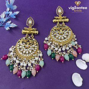 Vigilantee Jewels Temple Style Trending Kundan Gold plated Chandbali Wedding Pearl Beads Earrings Beads, Moonstone, White Zircon, Pearl, Quartz, Ruby Brass Chandbali Earring, Drops & Danglers, Earring Set, Rhinestone Studs, Stud Earring