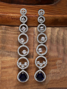 ZENEME Silver Tone Blue & White American Diamond studded Circular Shaped Drop Earrings Cubic Zirconia Brass Drops & Danglers