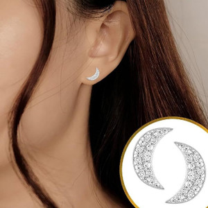 THANU'S CRAFT Elegant Silver Plated Crescent Moon Stud Earrings Ear Studs for Daily Wear Crystal Metal Stud Earring