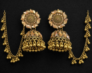 ASAYATI Antique Gold Plated Floral Bahubali Jhumka Earrings with Kan Chain Crystal Brass, Copper Jhumki Earring