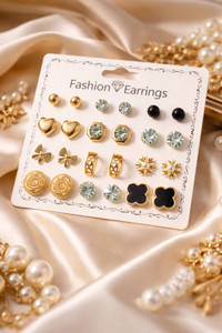 MYLENA Set of 12 Stylish Pearl, Crystal & Geometric Stud Earrings for Women Cubic Zirconia Alloy Stud Earring
