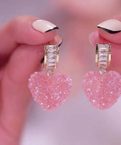 Vembley Korean Pink Love Heart Crystal Drop Earrings For Women And Girls Alloy Drops & Danglers