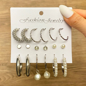 Vembley Combo Of 9 Pairs Silver Plated Earring Set Crystal, Pearl Alloy Hoop Earring