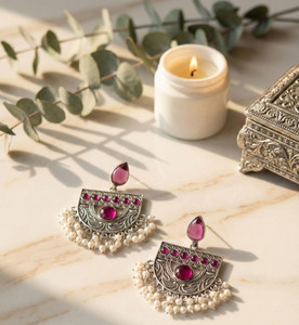 rudrasanchaystore Blush Stone Deep Pink Half-Moon Boho Jhumka Earrings for Women & Girls Pearl Alloy Jhumki Earring