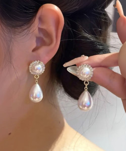 BlueShine Korean Earring Shinny Pearl With Stone For Women Girls Western Fashion Wedding Pearl Alloy Stud Earring, Drops & Danglers