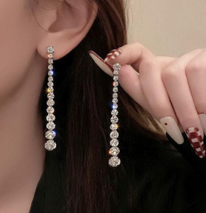 BLINGEE Long Crystal Dimond Tassel Korean Earrings For Women Trendy Western Fashion Crystal, Cubic Zirconia, Diamond Alloy Earring Set, Drops & Danglers, Tassel Earring