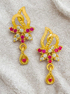 SHE'SJEWELS Festive Floral Dangler Earrings with Ruby and Diamond-Look Stones Cubic Zirconia, Ruby Brass Drops & Danglers, Earring Set