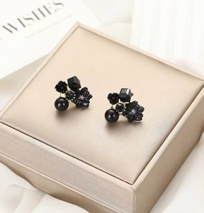 AKISON JEWELS Black Flower Earrings Floral Earrings Korean earrings For Women Girls Pearl, Crystal, Cubic Zirconia, Diamond Alloy Stud Earring, Earring Set