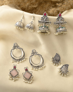 DASTOOR Oxidized Silver-Plated Earrings Combo Set Traditional Jhumka, Chandbali & Stud Pearl Alloy Jhumki Earring, Stud Earring, Chandbali Earring