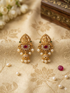 Sreemadhava Traditional 1 Gram Gold Temple Lakshmi Jhumka Earrings for Women and Girls | Ruby Alloy Jhumki Earring, Drops & Danglers