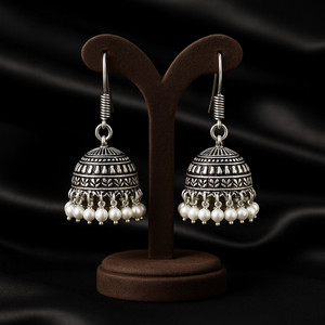 KYOOT JEWELS Silver Oxidized White Pearl Drop Fishhook Jhumki German Silver Jhumki Earring
