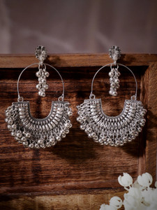 RUBANS "Silver oxidized ghungroo beaded statement chandbali earrings " Alloy Chandbali Earring