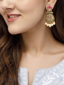 RUBANS 24K Gold Plated Stone Studded Pearl Beaded Drop Earrings Alloy Drops & Danglers