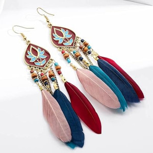 AJS AJS Bohemian Long Feather Earrings For Women Classic Ethnic Retro Beryl Silicone Tunnel Earring