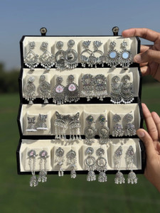 Antico Combo of 16 Pair Silver OXidised Jaipuri Earrings With Velvet Folding Box Beads, Black Diamond, Crystal, Diamond, Pearl Alloy Jhumki Earring, Drops & Danglers, Stud Earring