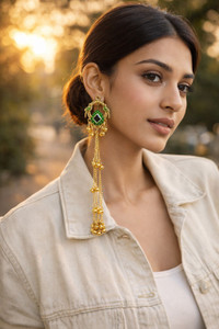 LOVELLAPOINT Kashmeeri Peacock Design Long Chain Jhumka Earrings Green Meena Work Pearl Alloy Drops & Danglers, Chandbali Earring, Hoop Earring, Jhumki Earring, Plug Earring