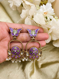 Fashion Theme Lavender Butterfly Meenakari & Kundan Pearl Drop Earrings for Women Traditional Crystal, Pearl Brass Earring Set, Drops & Danglers