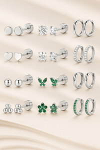 Bawree Elegant 12Pair 18K Silver Plated Green Emerald Stone Multiple Piercing Bali Hoop Crystal Alloy Stud Earring
