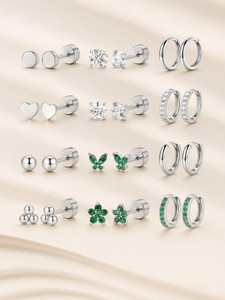 Bawree Elegant 12Pair 18K Silver Plated Green Emerald Stone Multiple Piercing Bali Hoop Crystal Alloy Stud Earring