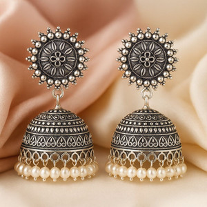 SHI Jewellery German Silver Jhumki Afghani Oxidised Jhumka Pearl Drop Earrings Pearl German Silver Jhumki Earring