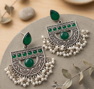rudrasanchaystore Blush Stone Deep green Half-Moon Boho Jhumka Earrings for Women & Girls White Zircon Alloy Jhumki Earring