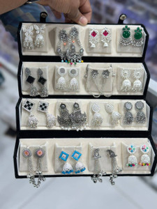 Antico 16 Pair Jaipuri Silver Oxidised Jhumki Earrings - Image 6