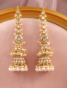 RUBANS Gold-Plated Kundan Studded Long Full-Ear Covering Triple-Layer Jhumka Earrings Cubic Zirconia Brass Jhumki Earring