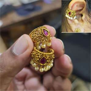 CHICLY Traditional Gold Finish pink stone Bugadi Ear Cuff with Pearl Drops Brass Cuff Earring