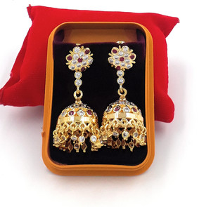 Anujeet Fashion Hub Gold Plated Covering 5 metal Impon AD Stone Long Jhumka Earrings For Women/Girl Copper Jhumki Earring