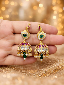 ARMAHS Traditional Peacock Motif Gold-Plated Kundan Jhumka Earrings Green Drops Pearls Beads Alloy Earring Set