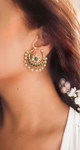 BlingNation Green Classic Moissanite Chandbali Brass Stud Earring