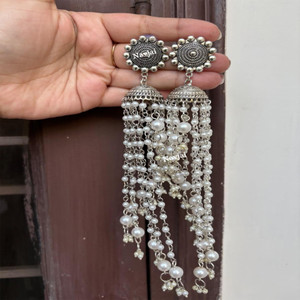 navjai Antique Traditional heavy Hanging Jhumka with Pearls Chakra Design long Earring Pearl Metal Tassel Earring, Jhumki Earring