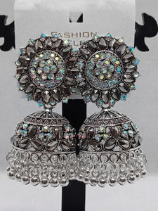 CUBES Oxidize Silver Look Stone Type Jumka Earring For Women And Girls Silver Color Crystal, Zinc Jhumki Earring, Earring Set, Drops & Danglers