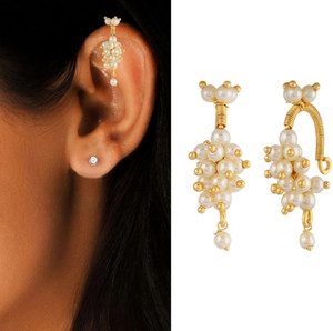 Drashti Collection Traditional Maharashtrian Look Pearl Beads Press Bugadi Earrings For Women Brass Ear Thread