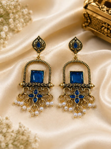 MISHWA Antique Gold Plated Blue Stone Pearl Earrings for Women & Girl Alloy Drops & Danglers