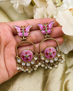 Fashion Theme Pink Butterfly Meenakari & Kundan Pearl Drop Earrings for Women Traditional Crystal, Pearl Brass Earring Set, Drops & Danglers