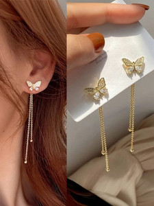 Miraclewood Korean Studded Butterfly Chain Ear Cuff Earrings For Women And Girls 2 Pcs/Set Cubic Zirconia, Diamond Alloy Drops & Danglers, Hoop Earring, Huggie Earring, Tassel Earring, Tassel Earring