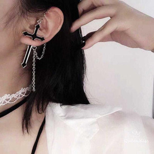 YU Fashions Black Enamel Painted Cross Chain Single Pc Earhook Ear Crawler Korean Earring Metal Drops & Danglers