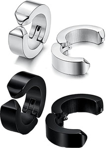 Okos Unisex Black Polish and Rhodium Plated Mangentic Non Piercing Clip on Hoop Bali Stainless Steel Hoop Earring