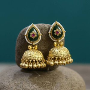 Neeara Fashion Gold Plated Kashmiri Jhumka Earrings with Ghungroo & Green Stone for Women | Alloy Jhumki Earring