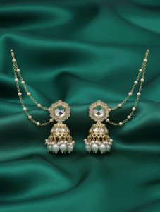 Neeara Fashion Kundan Jhumka Earrings with Hair Chain for Girls | White Bead Ethnic Earrings | Alloy Jhumki Earring
