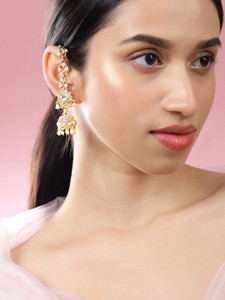 RUBANS Gold-Plated White Kundan & Cream Pearl Beaded Long Jhumka Extensions Brass Jhumki Earring
