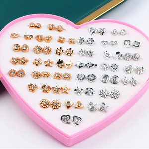 Tiso 36 Pairs Silver Gold Stones Earrings for Girls and Women in Heart Shaped Box Alloy Stud Earring