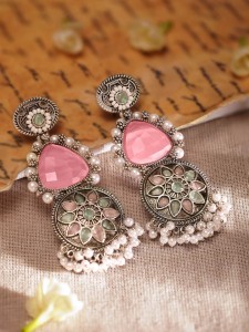 RUBANS Intricate Engravings Oxidised Silver Plated Gemstone & Pearl Dangle Earrings Alloy Drops & Danglers